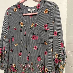 Moa Moa Floral Striped V-neck Roll Tab Sleeves Tunic, 1X